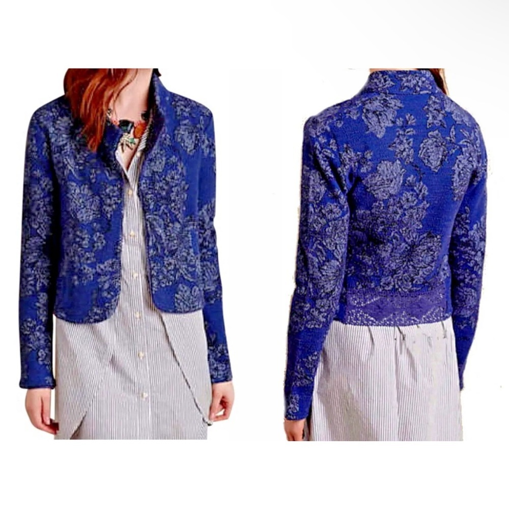 Anthropologie Evening Petals Jacket XSMALL Dark Blue Lace Inserts Open Front NWT